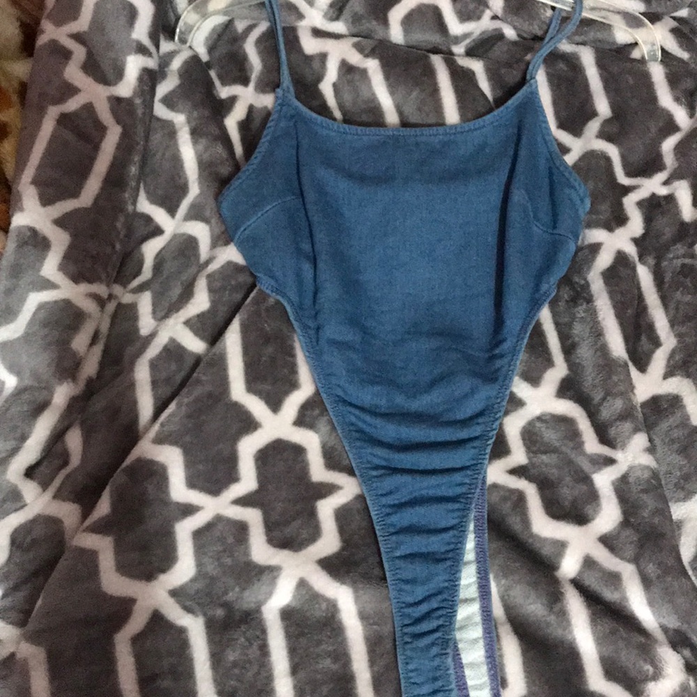 Denim terry body suit